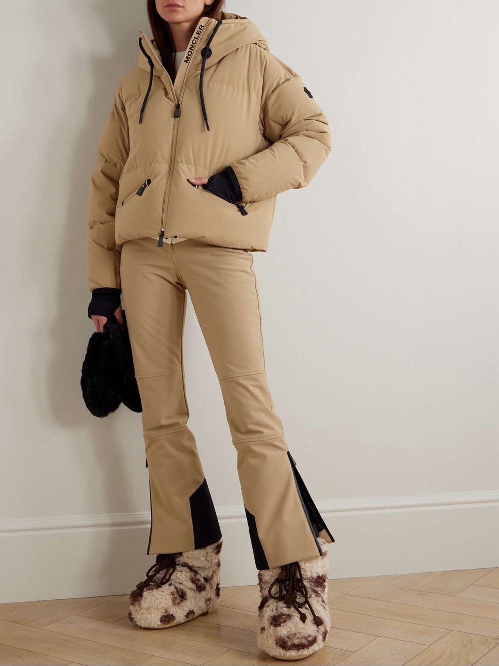 Moncler Grenoble paneled shell bootcut ski pants in tan